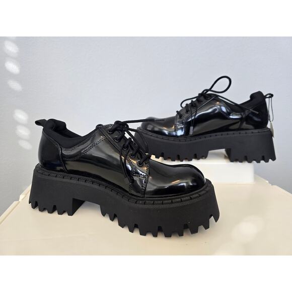 NOT FOR SALE ZARA Loafer Oxford Platform Wedge Blucher NWT Black Patent Size 9 - Picture 3 of 10